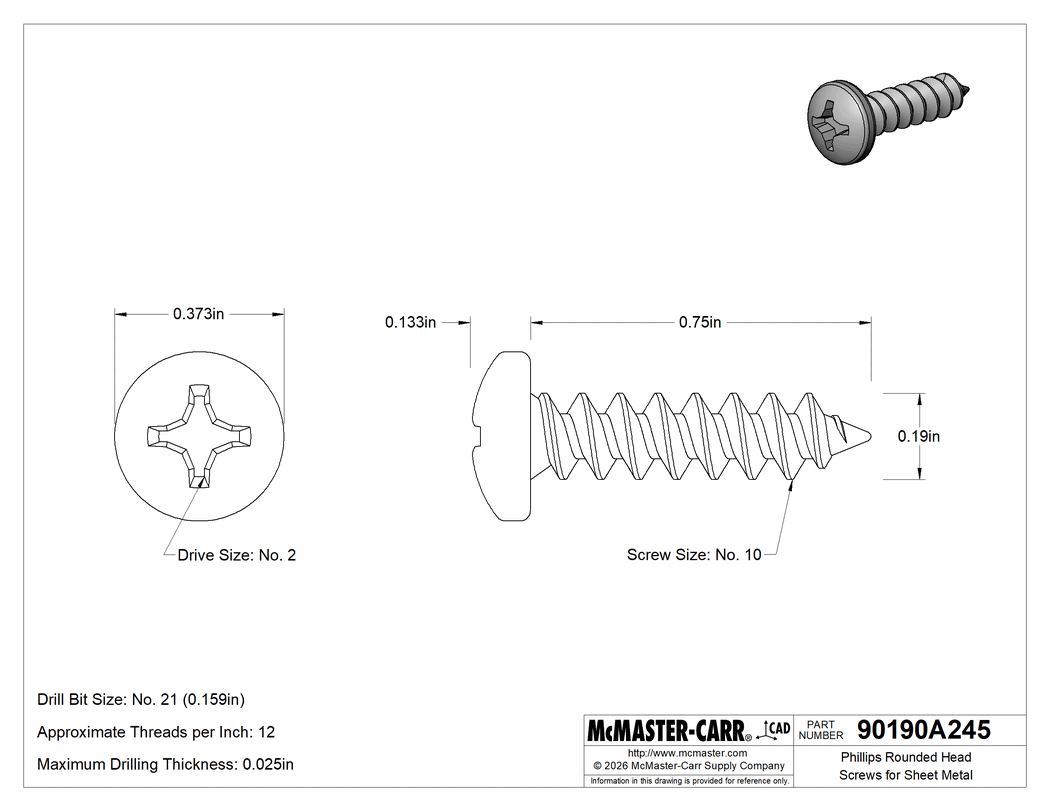 Technical Drawing of Phillips Rounded Head Screws for Sheet Metal, Zinc-Plated Steel, Number 10 Size, 3/4" Long.